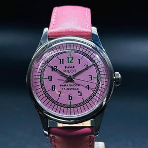 Rare Vintage HMT Pilot Pink Dial Hand Winding {self winding} Men&#39;s Watch Movement 17 jewels