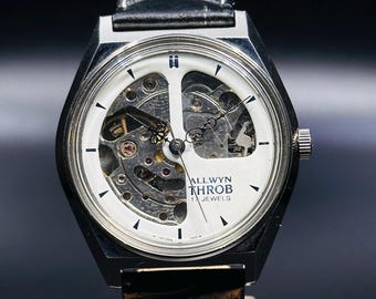 Rare Original Vintage Allwyn Throb Movement  17Jewels Automatic Skeleton White Dial  Men&#39;s Wrist Watch