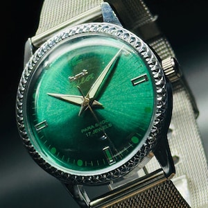 Vintage HMT Pilot Watch Green Dial Hand Winding {self winding} Men&#39;s Watch Movement 17 jewels