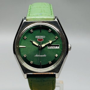 Rare Vintage Seiko 5 Automatic Green Dial Silver Case Day/Date Caliber No.6309A Men&#39;s Wrist Watch, Japan Made