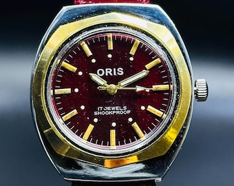 Vintage Oris Men's Wrist Watch: Cherry Dial, 17 Jewels, Swiss Made