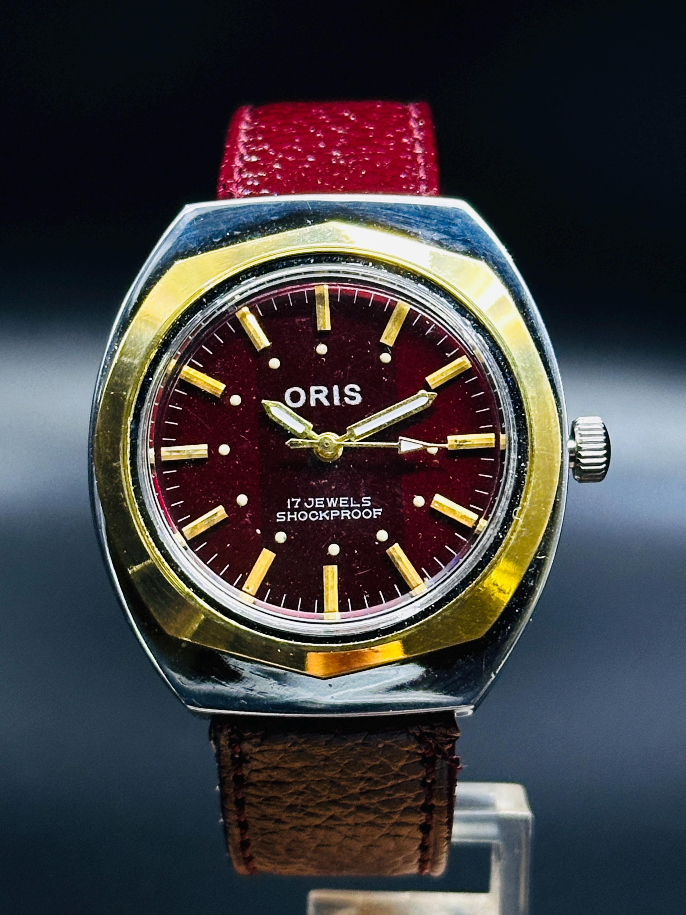 Vintage Oris Men's Wrist Watch: Cherry Dial, 17 Jewels, Swiss Made
