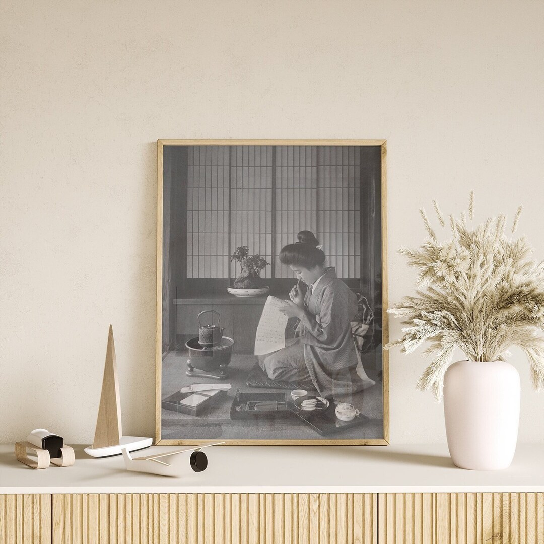 Geisha in Kimono Writing a Letter, Japan Vintage Photo Print, Japanese