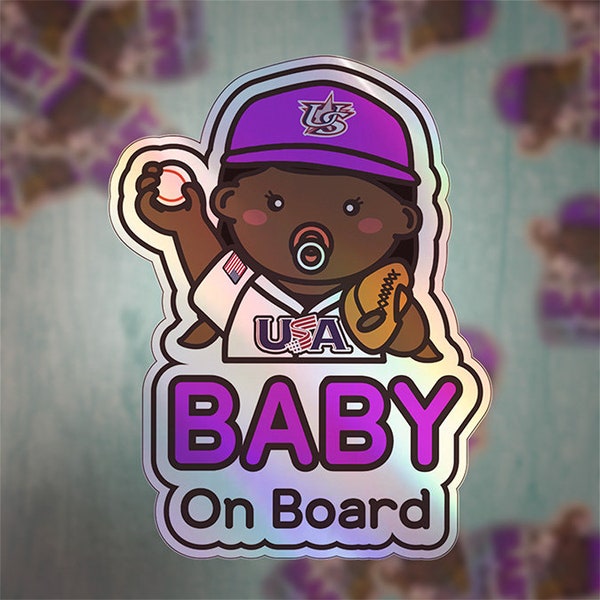 Baby on Board Car Sticker - Baby Girl Baseball Player Character Design  - Holographic & Weather-Resistant