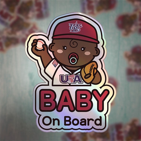 Baby on Board Car Sticker - Baby Boy Baseball Player Character Design  - Holographic & Weather-Resistant