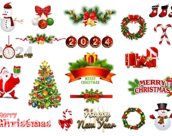 May include: A collection of Christmas and New Year's themed illustrations, including a snowman, a Christmas tree, Santa Claus, a wreath, candy canes, and the numbers 2024.