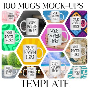 May include: A collage of 100 white ceramic mugs with the text "YOUR DESIGN HERE" on each mug. The mugs are displayed on various backgrounds, including a green and white striped pattern, a pink background, a yellow background with sun rays, a wooden surface, and a blue and white striped pattern.