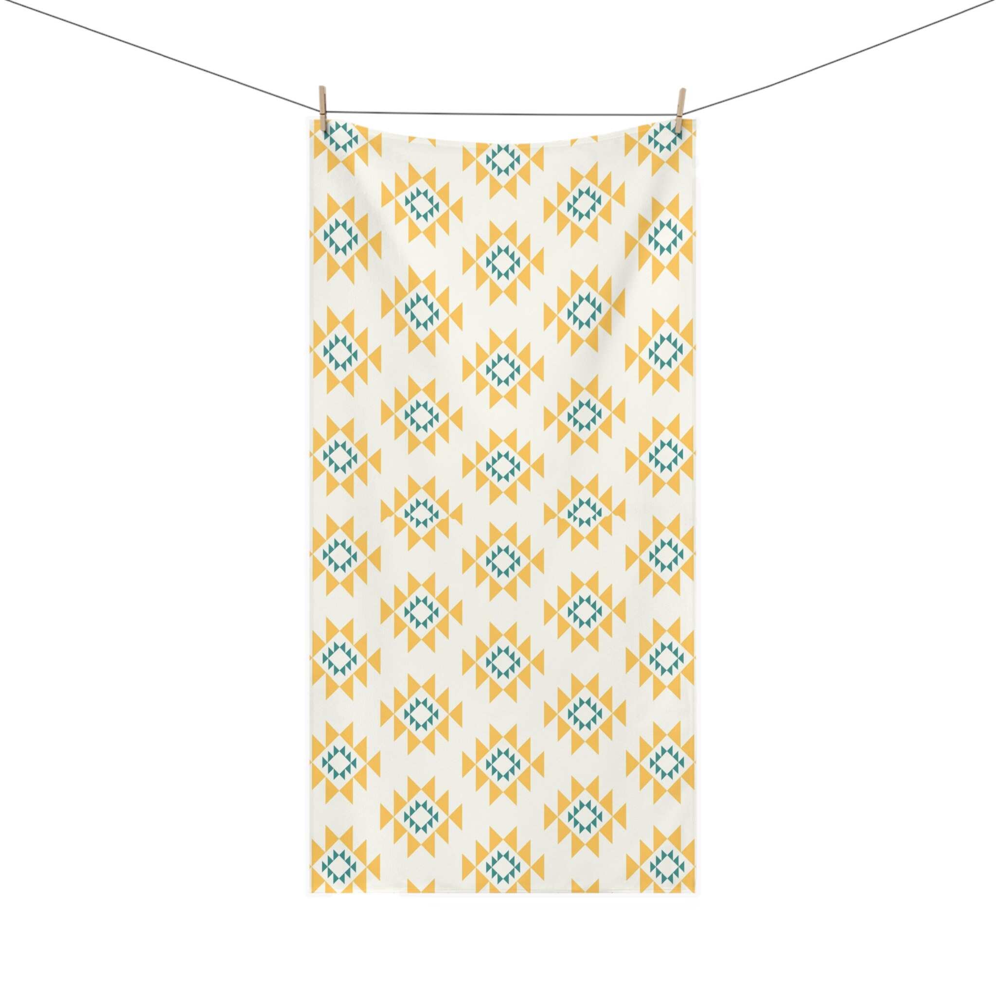 Aztec Blue and Yellow Bathroom Set shower Curtain, Bath Mat Towels