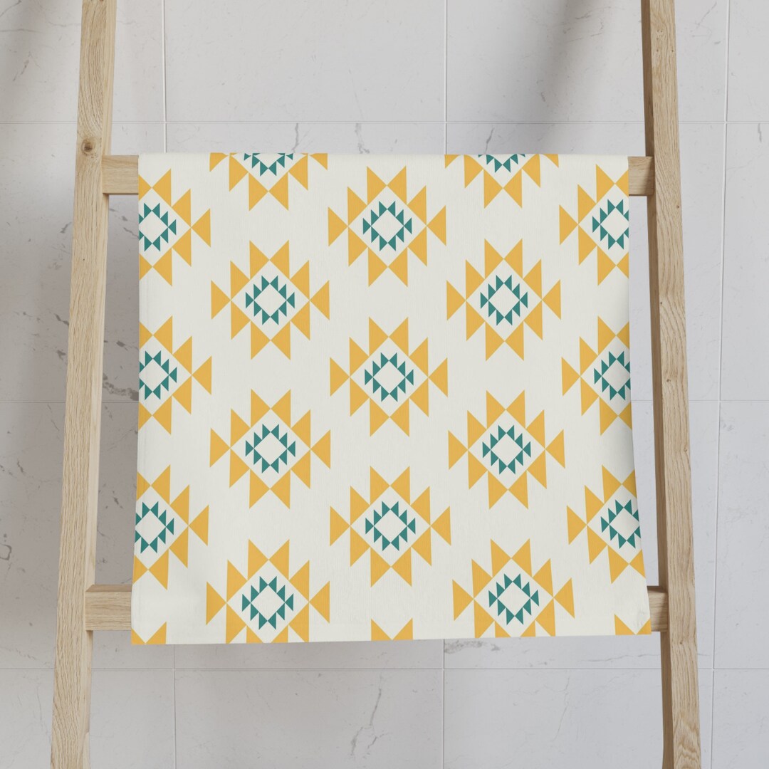 Aztec Blue and Yellow Bathroom Set shower Curtain, Bath Mat Towels