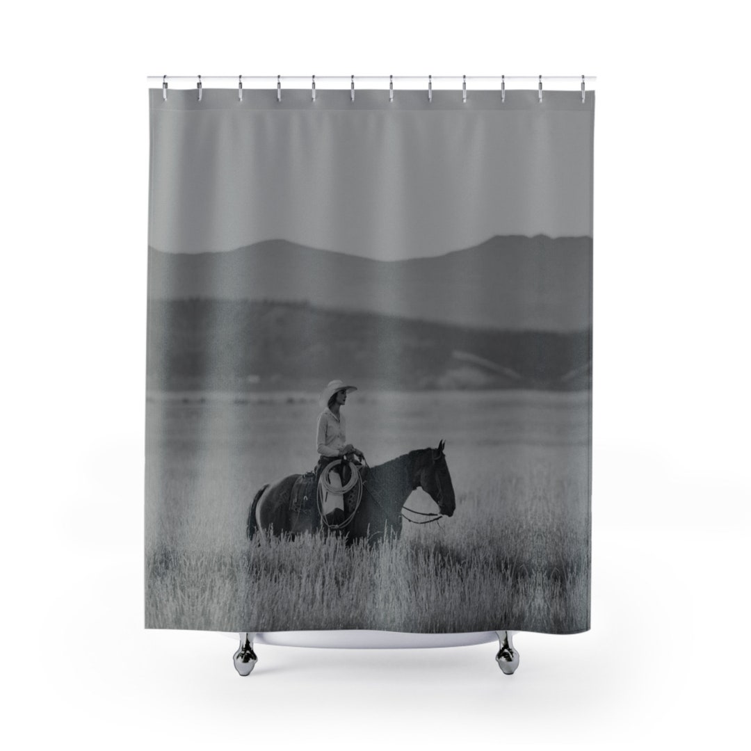 Black & White Cowgirl Shower Curtain, Ranch Bathroom, Ranchy, American