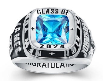 Op maat gemaakte New Yorkse luxe ring, gepersonaliseerd zilveren en blauwe topaas afstudeersieraad, afstudeercadeau voor hem in 2024, gegraveerde James Johnson ring