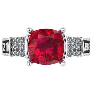 Cushion Cut Ruby Red Birthstone Class Ring 925 Sterling Silver, Personalized Graduation Ring With CZ Side Accents, High School Jewelry Gift