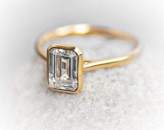 1.5 CT Emerald Cut Lab Diamond Engagement Ring, Solitaire Diamond Ring, Bezel Set Wedding Ring, 14K Solid Gold Ring,Anniversary Gift For Her