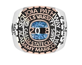 Sequoia Pathway Academy Girls Varsity 2018 State Champs Ring - Maricopa, AZ with Blue Gemstone and Custom Engraving silverspringjewelers.