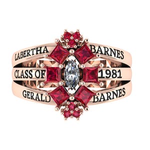 May include: Rose gold ring with the names LABERTHA and GERALD BARNES, and the text CLASS OF 1981. The ring features red square-cut gemstones and a central oval-shaped clear gemstone.