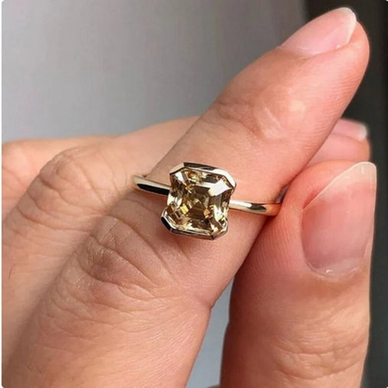 1.5 CT Asscher Cut Moissanite Engagement Ring, 14K Yellow Gold Ring ...