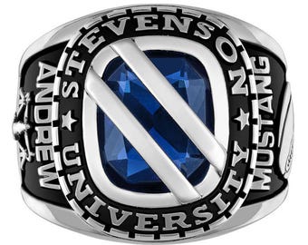 Custom University Ring with Deep Blue Cushion-Cut Stone, Metal Bars, and Black Enamel – “Stevenson Mustangs” Design for Andrew.