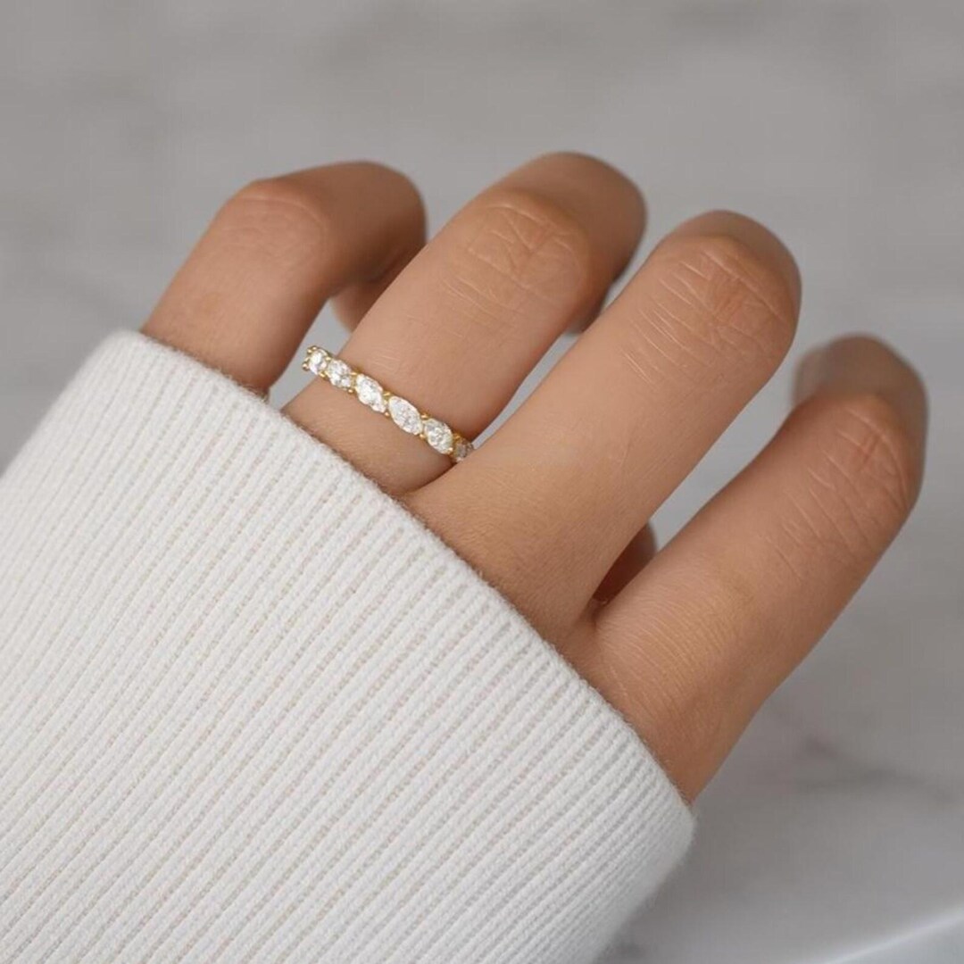 Marquise Cut Full Eternity Wedding Band, 14k Solid Gold Dainty Band ...