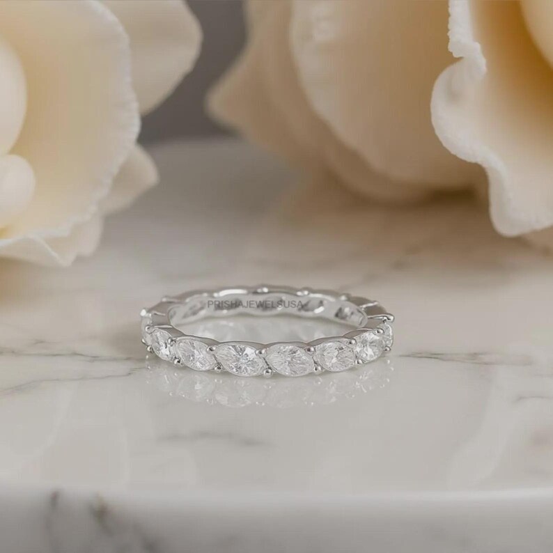 Marquise Cut Full Eternity Wedding Band, 14k Solid Gold Dainty Band ...