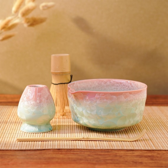 Crystalline Glaze Matcha Bowl, Pink Green Gradient Handmade Chawan , Japanese Tea Ceremony Cup Gift