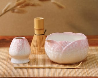 Pink Sakura Crystal Glaze Matcha Bowl Set, Handmade Tea Ceremony Kit, Japanese Matcha Gift