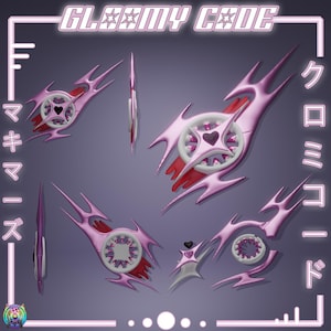 Könnte beinhalten: Ein pink-weißes Design mit einem Herz in der Mitte und einem Stern auf jeder Seite. Das Design ist von einem schwarzen Rahmen umgeben und hat einen pink-weißen Hintergrund. Der Text "GLOOMY CODE" ist in pinken Buchstaben oben auf dem Design geschrieben.