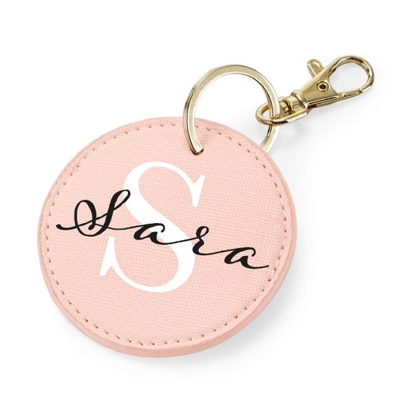 Round Saffiano leatherette key ring with gold clip - to be personalised