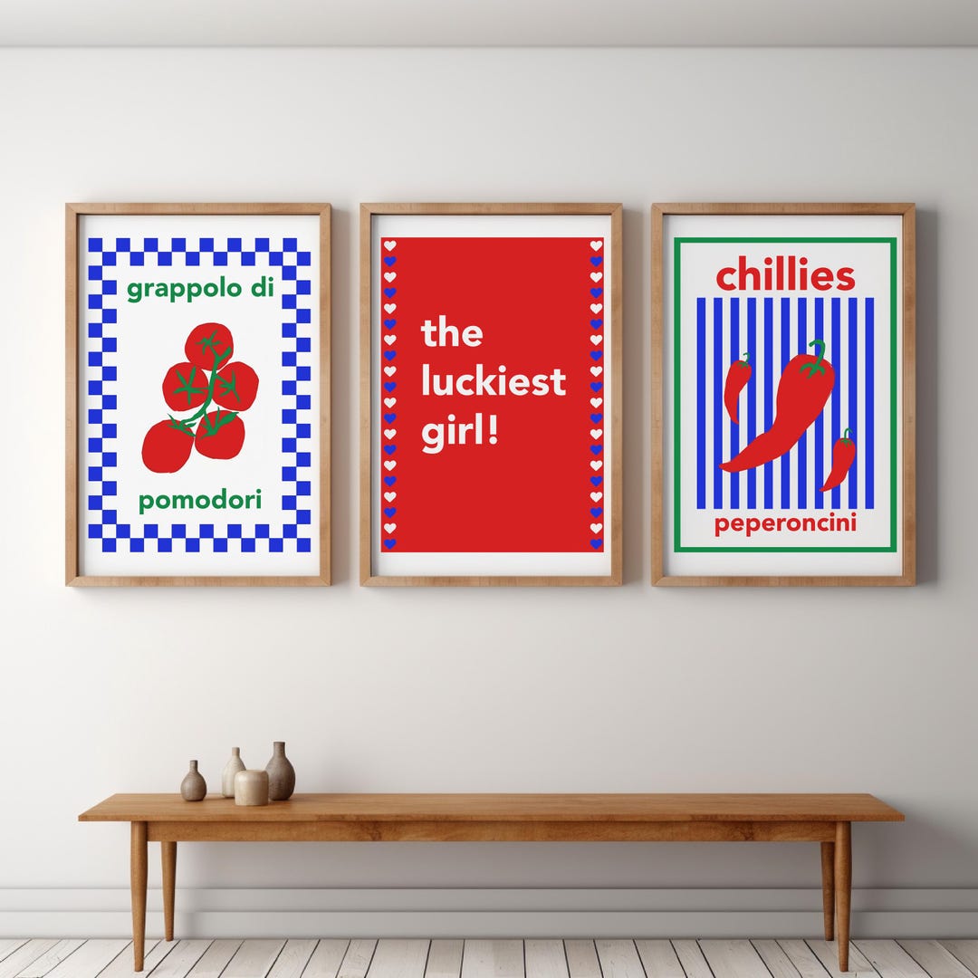 300 mediterranean kitchen posters bundle, retro café... Colorful Italian Kitchen Poster Set – Tomatoes, Chillies & Typography ...