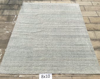 Quick Ship 8x10 Grey Hand Knotted Minimal Wool Rug for bedroom living room