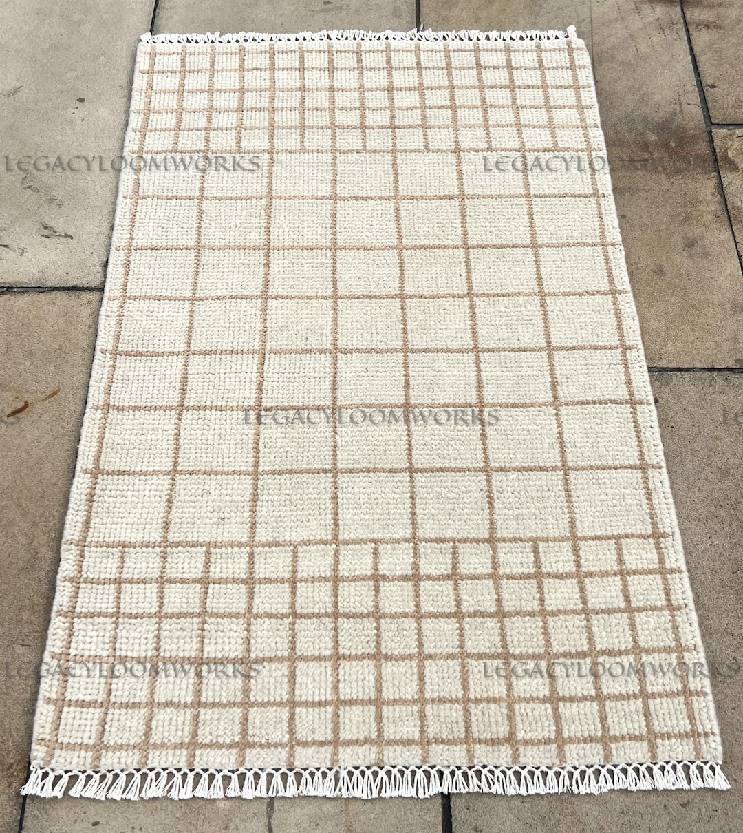 Modern Ivory Grid Rug 2x3 3x5 6x9 Hand Knotted Beige Geometric Wool ...