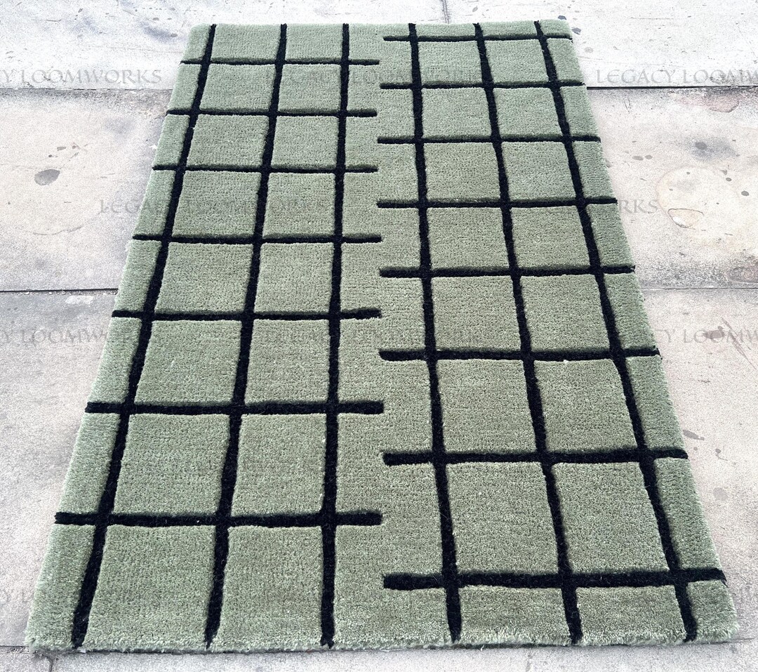 Green Wool 8x10 9x12 Rug Hand Tufted Grid Pattern Modern Carpet for ...
