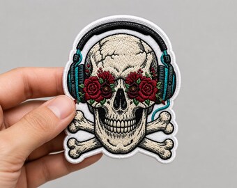 Custom Embroidered Skull Headphones Patch Gothic Rose Flower Iron On Patch Punk Rock Biker Jacket Backpack Applique