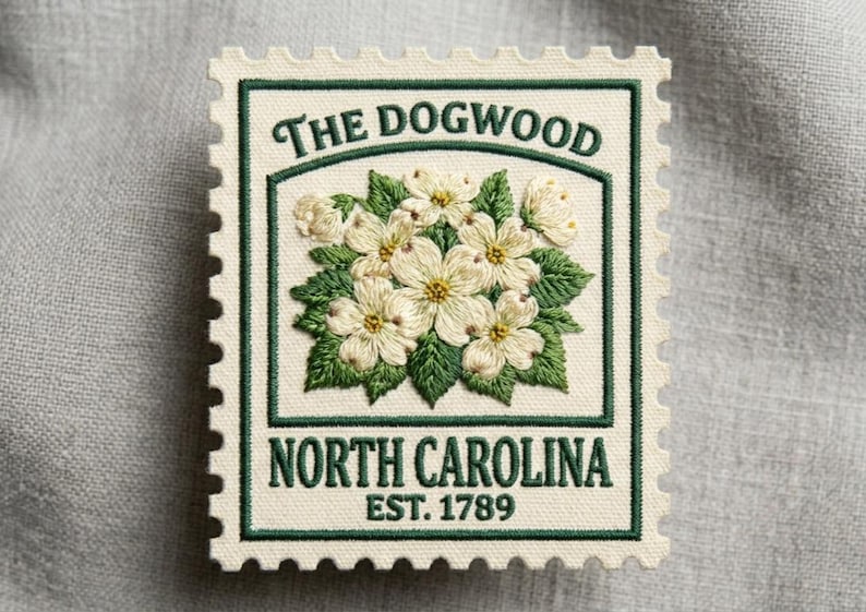 May include: Embroidered stamp featuring a dogwood flower design. The stamp has a green border and text that reads "THE DOGWOOD", "NORTH CAROLINA", and "EST. 1789". The flowers are white with yellow centers and green leaves.