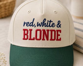 Custom Embroidered Patriotic Baseball Cap Red White and Blonde Hat Fourth of July Gift for Women USA Style