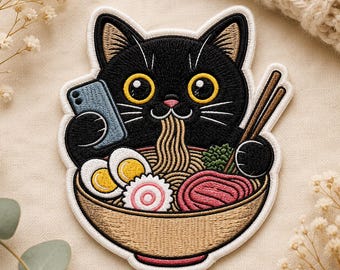 Custom Embroidered Black Cat Ramen Patch Cute Kawaii Food Lover Iron On Applique for Jacket Backpack Bag Gift
