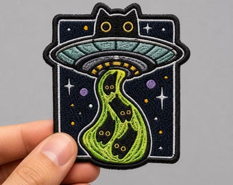 Custom Embroidered UFO Cat Ghost Patch Cute Alien Space Halloween Iron On Applique for Jacket Backpack Hat Gift
