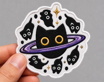 Custom Embroidered Black Cat Planet Patch Cute Space Cat Iron On Applique Kawaii Galaxy Badge Gift