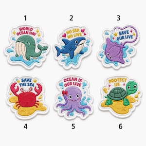 May include: Set of six embroidered patches featuring marine life and conservation messages. Designs include a whale, shark, stingray, crab, octopus, and turtle. Each patch has a unique message such as "World Ocean Day" and "Protect Us".