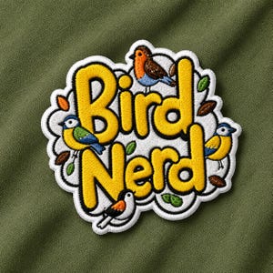 May include: An embroidered patch featuring the yellow text Bird Nerd on a white background. The design includes four small colorful birds in shades of blue, orange, and yellow, surrounded by small green leaves and brown seeds, all outlined in white.