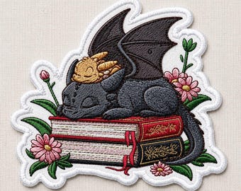 Custom Embroidered Sleeping Dragon Patch Fantasy Book Lover Iron On Applique Cute Dragon Reader Gift Badge