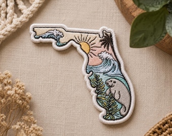 Custom Embroidered Florida State Iron On Patch Manatee Ocean Sunset Coastal Travel Jacket Badge
