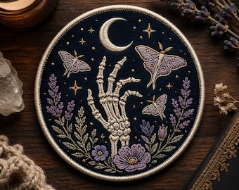 Custom embroidered skeleton hand patch with moon moth and lavender flowers gothic celestial iron on patch witch aesthetic