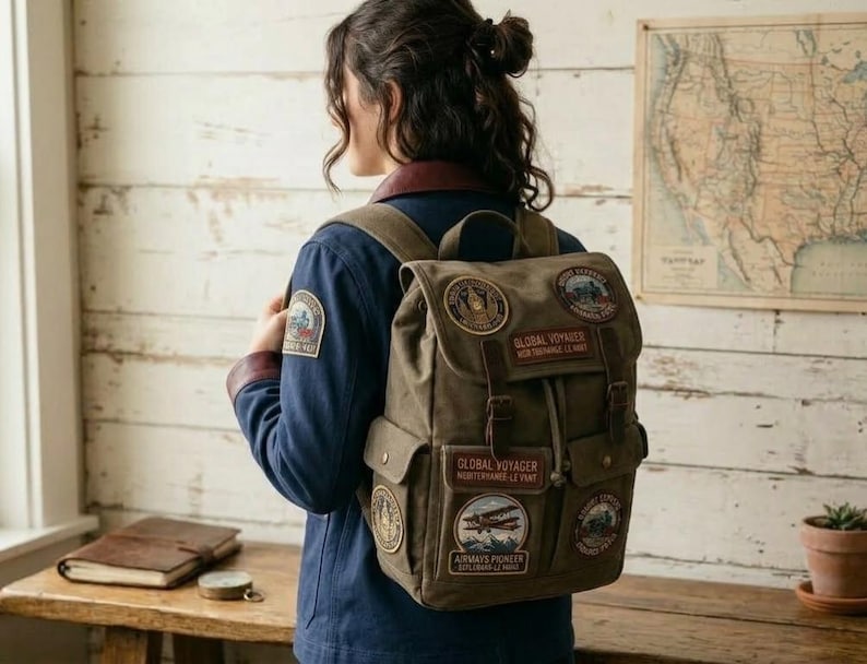 May include: A canvas backpack with multiple patches, including "Global Voyager" and an airplane design. The backpack is olive green with brown leather accents and a drawstring closure. The person is wearing a blue jacket with a patch on the sleeve.