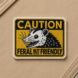 Custom Caution Feral But Friendly Embroidered Patch, Funny Opossum Iron On Patch, Wild Animal Humor Gift