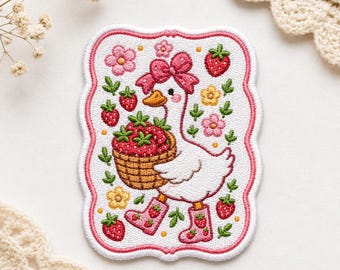 Custom Embroidered Strawberry Goose Patch Cute Cottagecore Bird Iron On Applique Floral Farm Animal Badge Gift