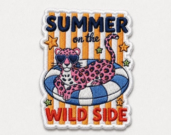 Custom Embroidered Summer On The Wild Side Patch Pink Leopard Iron On Applique Cute Animal Summer Badge