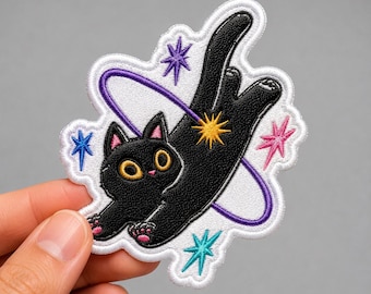 Custom Embroidered Stretching Black Cat Patch Space Theme Kawaii Iron On Applique for Jacket Bag Gift