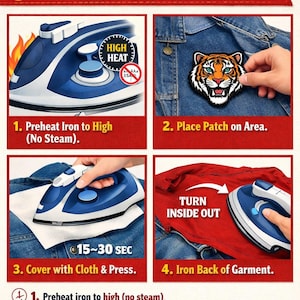 May include: Illustrated guide on how to apply an iron-on patch. The steps include preheating the iron, placing the patch, covering with cloth, and ironing. The image shows a blue iron and a tiger patch.