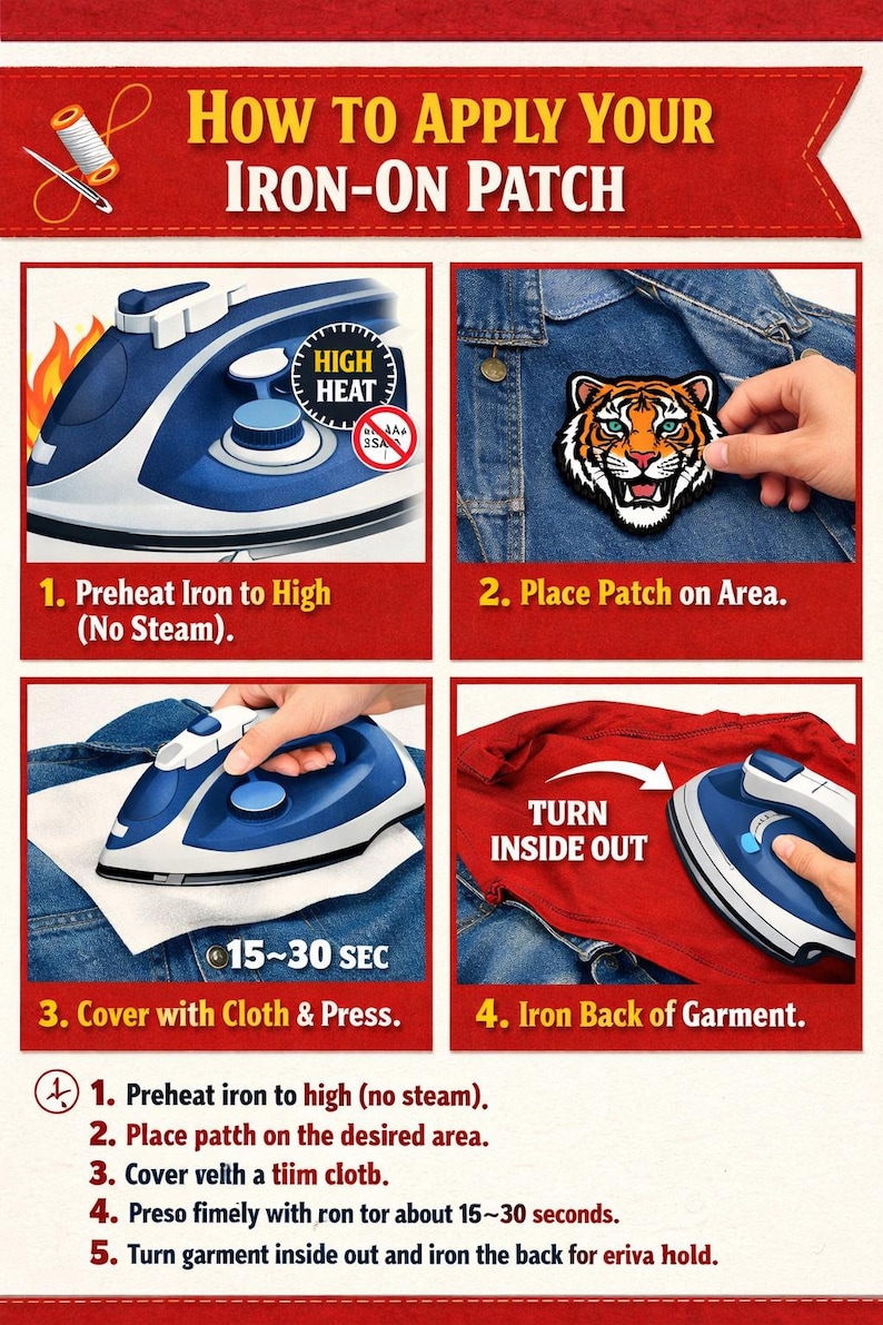 May include: Illustrated guide on how to apply an iron-on patch. The steps include preheating the iron, placing the patch, covering with cloth, and ironing. The image shows a blue iron and a tiger patch.