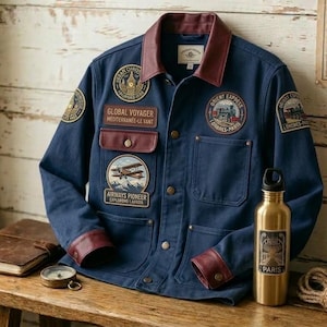 May include: A navy blue jacket with multiple patches, including "Global Voyager" and "Airways Pioneer." The jacket has brown leather accents on the collar and pockets. A gold water bottle with "Paris" text sits next to the jacket on a wooden table.